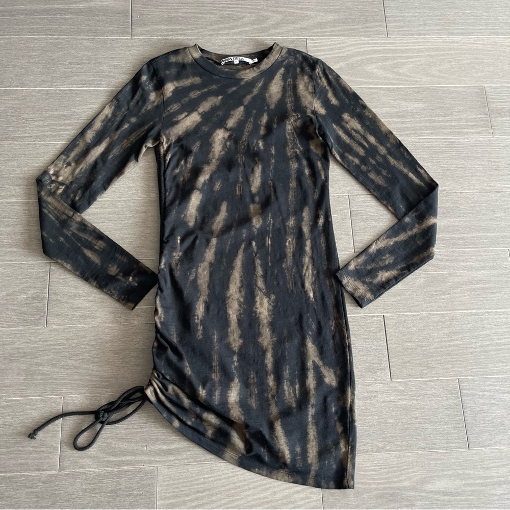 Pam & Gela Revolve Tie Dye Twisted Mini Dress Black Grey Cinch Long Sleeve P XS - Picture 4 of 15